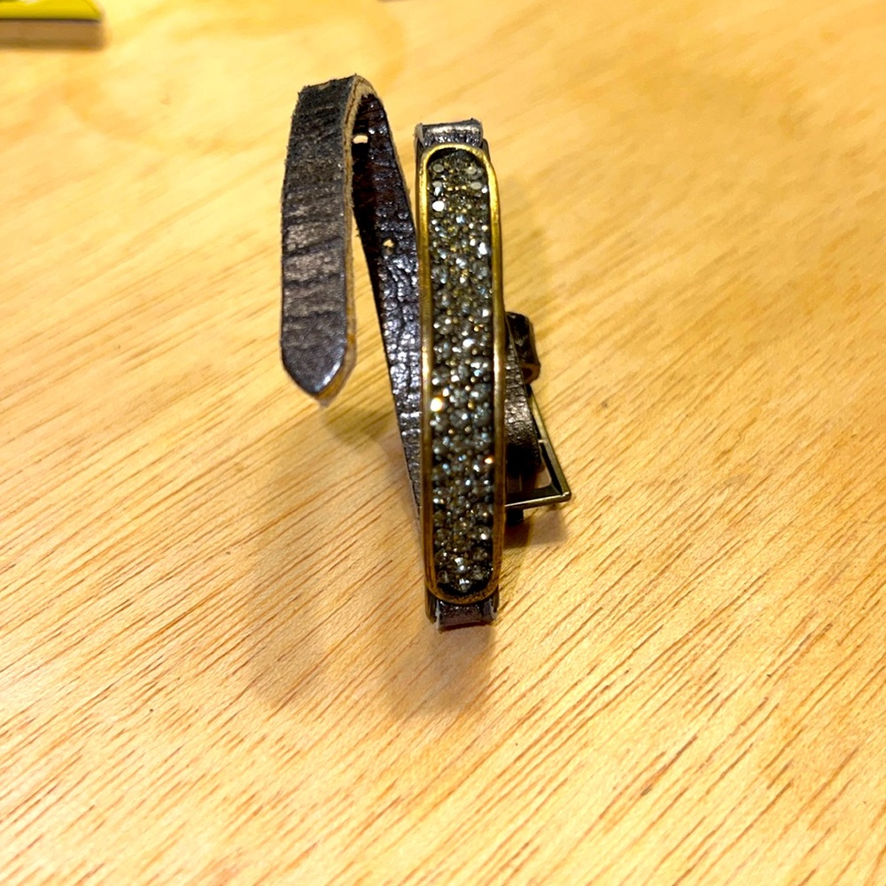 Rebel Designs Skinny Metallic Leather Brass Crystal Bracelet